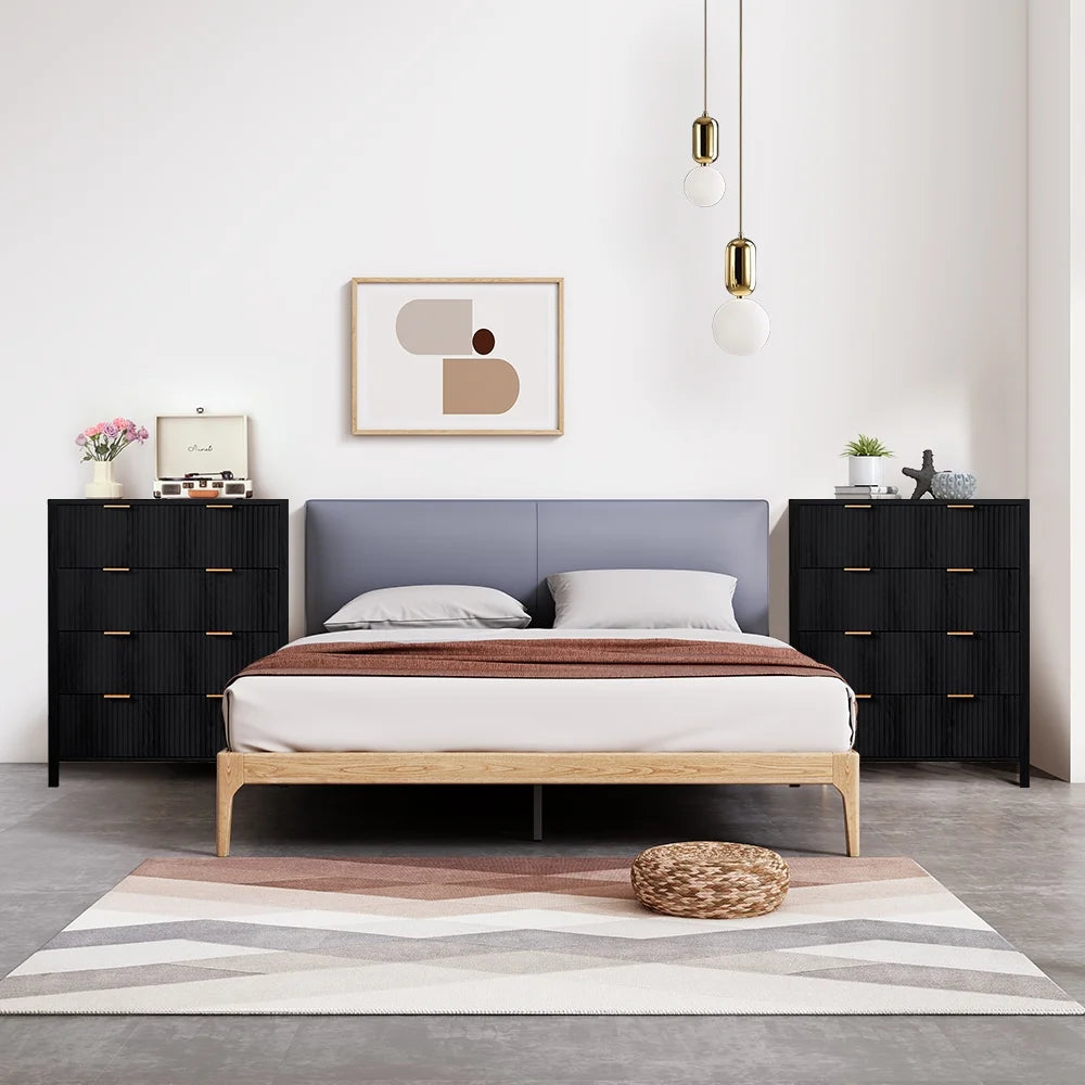 YOCWO Fluted Nightstand for Bedroom Set of 2, Wood Bedside Table Set of 2 with Drawers, Black