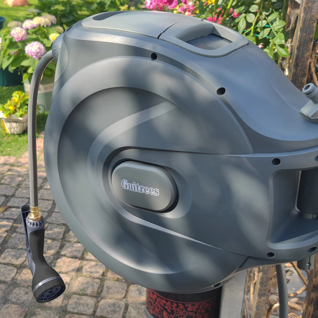 Guitrees Retractable Garden Hose Reel 1/2u201d 115FT+6FT With Cover, Slow Return System, Any Length Lock, Wall Mounted, 9 Function Nozzle and 180u00b0Swivel Bracket (Grey)