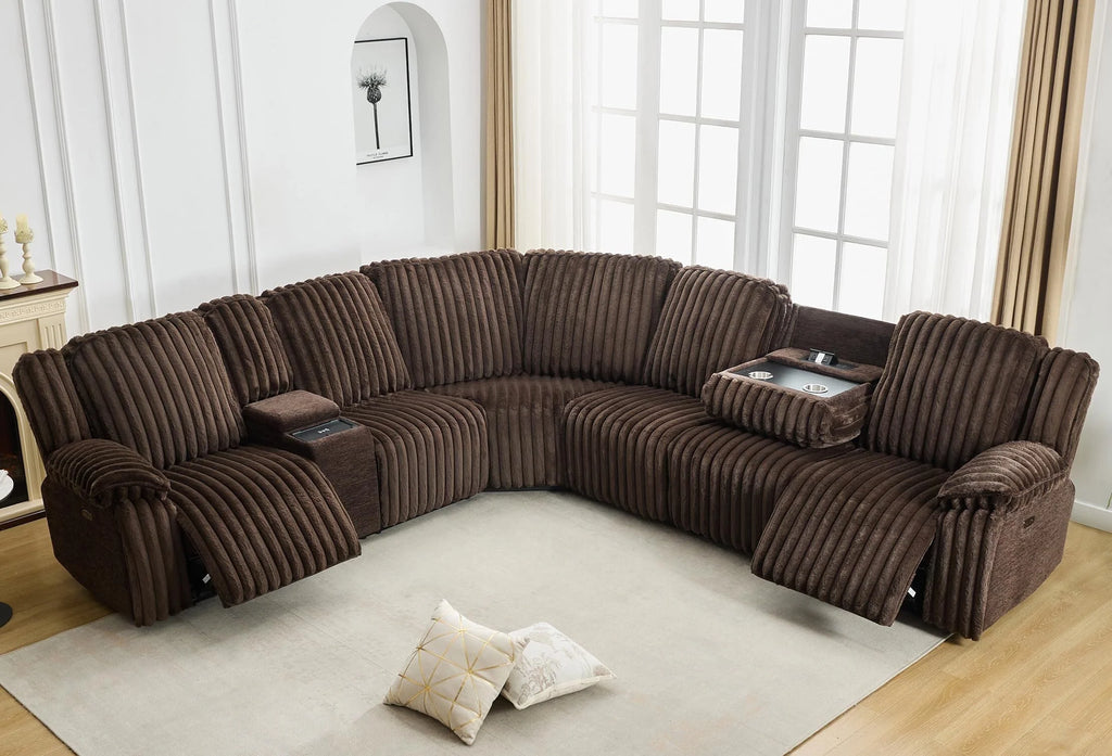 Power Reclining Sectional Sofa with Wireless Charger, 6 - Seater Faux Fur Sectional with Recliners, Hidden Cup Holders, Storage Console, USB & Type - C Ports, Black