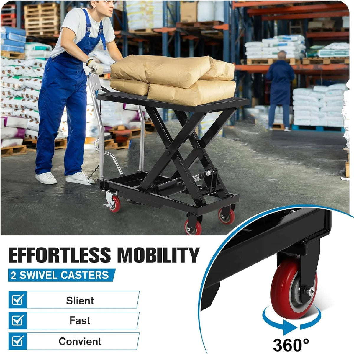 M Optimized Hydraulic Lift Table, 500 lb Capacity Hydraulic Table Cart, Single Scissor Lift Cart 28.5 in Lifting Height with 4 Wheels and Non - Slip Pad for Material Handling, Black