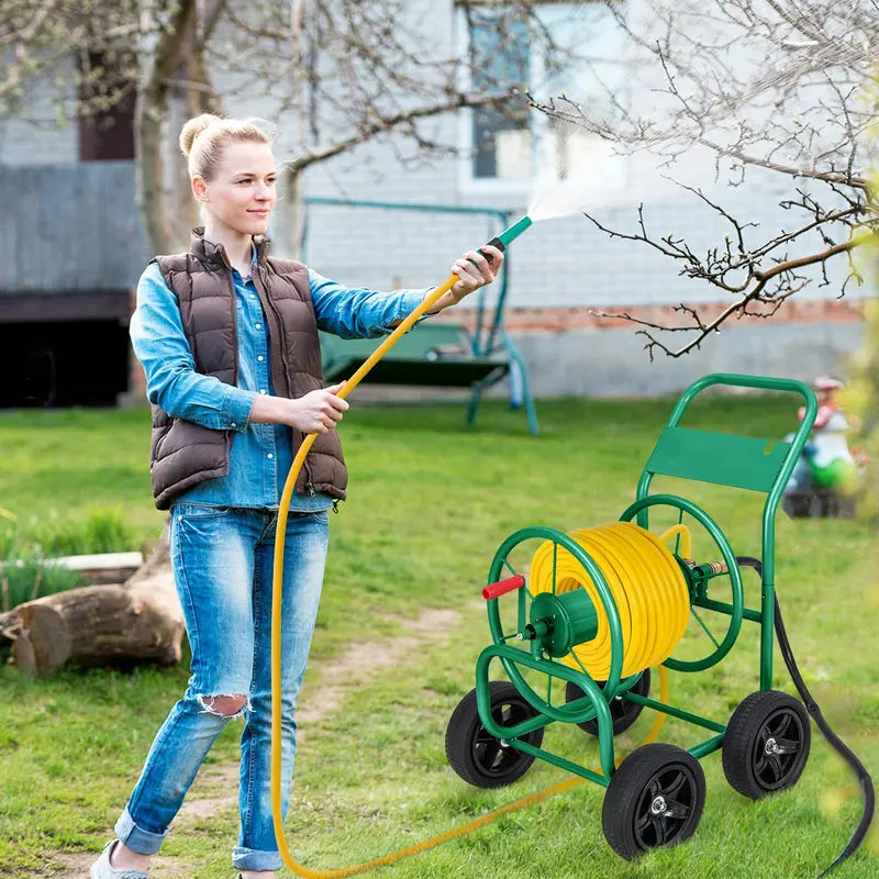 Compact Garden Hose Reel on Wheeled Cart for Easy Storage