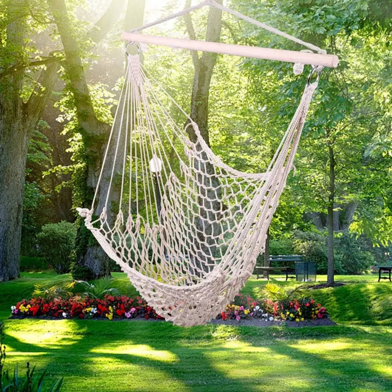 ONCLOUD Macramé Hammock Chair with Steel Spreader Bar – Indoor/Outdoor Hanging Swing Seat, 550 LB Capacity, Dual Cushions (Black)