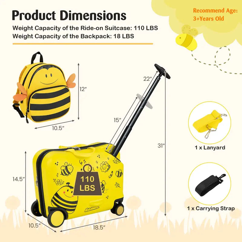 Two-Piece Kids' Luggage Set – 18″ Carry-On + Ride-On Suitcase with 360° Spinner Wheels
