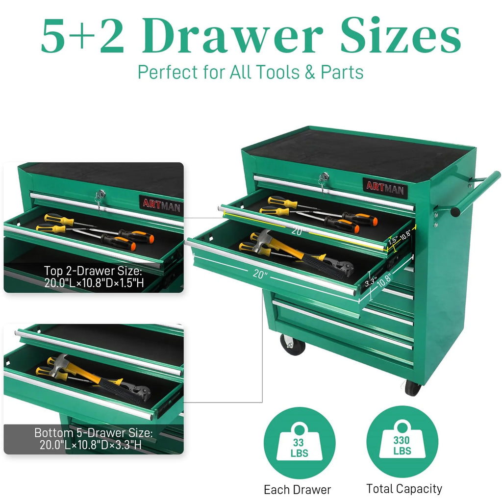 Aukfa Tool Chest, 24.5 in 7 - Drawer Steel Rolling Tool Box on Wheels for Workshop Garage, Red