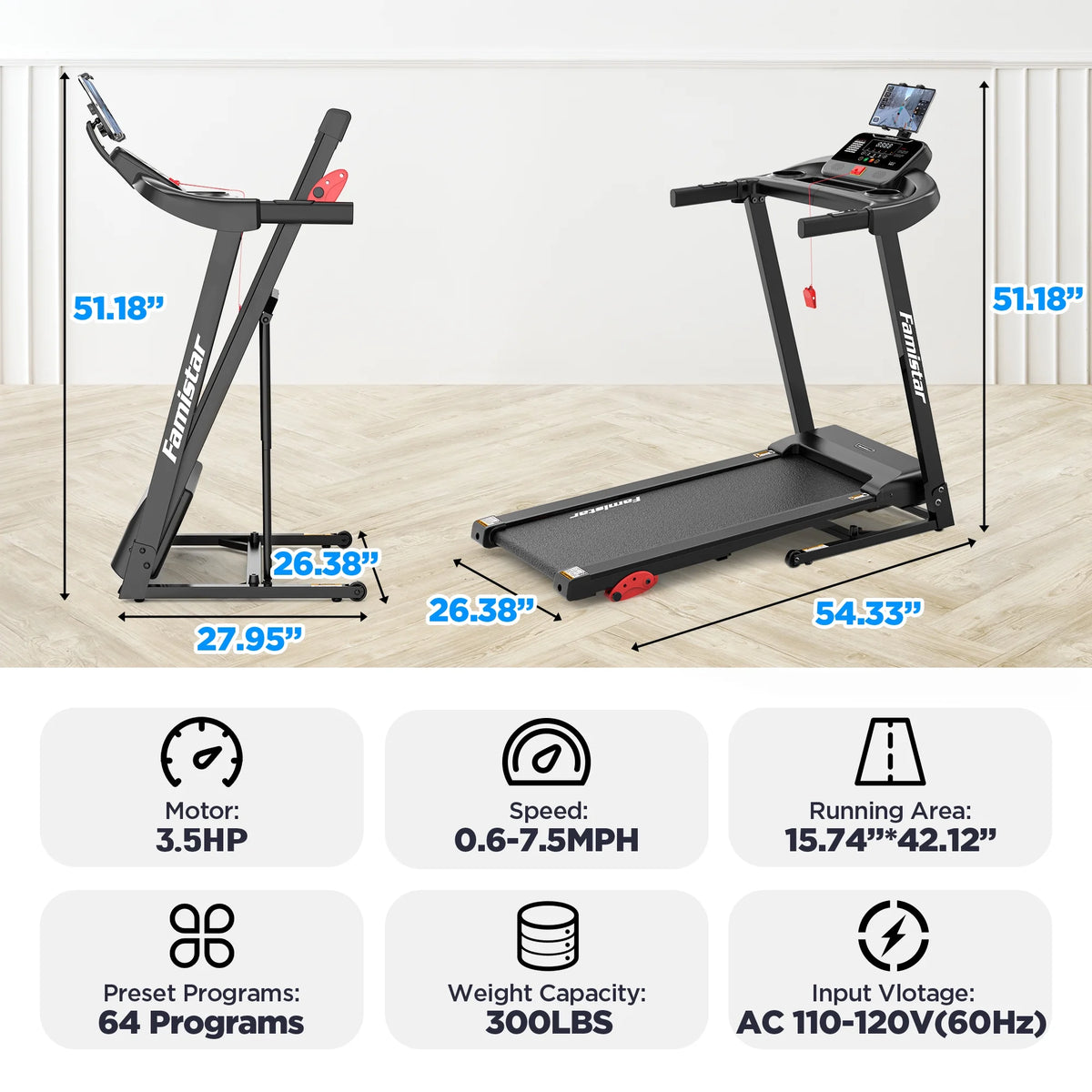Folding Treadmill W/ Incline, 3.5HP Treadmill for Home W/330 lb Capacity, 71 Programs