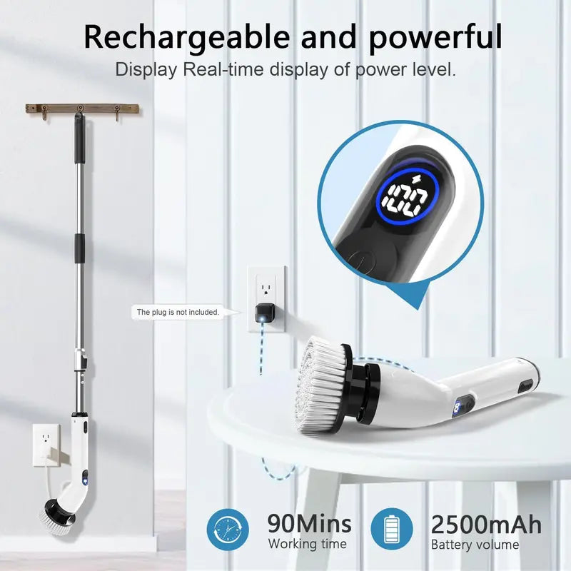 Cordless Electric Spin Scrubber  IPX7 Waterproof Bathroom Cleaner with LCD Display, Adjustable Telescoping Handle, Multi-Surface Brush Kit