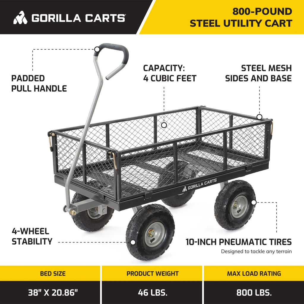 Gorilla Carts 800 Pound Capacity Heavy Duty Durable Steel Mesh Convertible Flatbed Garden Outdoor Hauling Utility Wagon Cart, Black