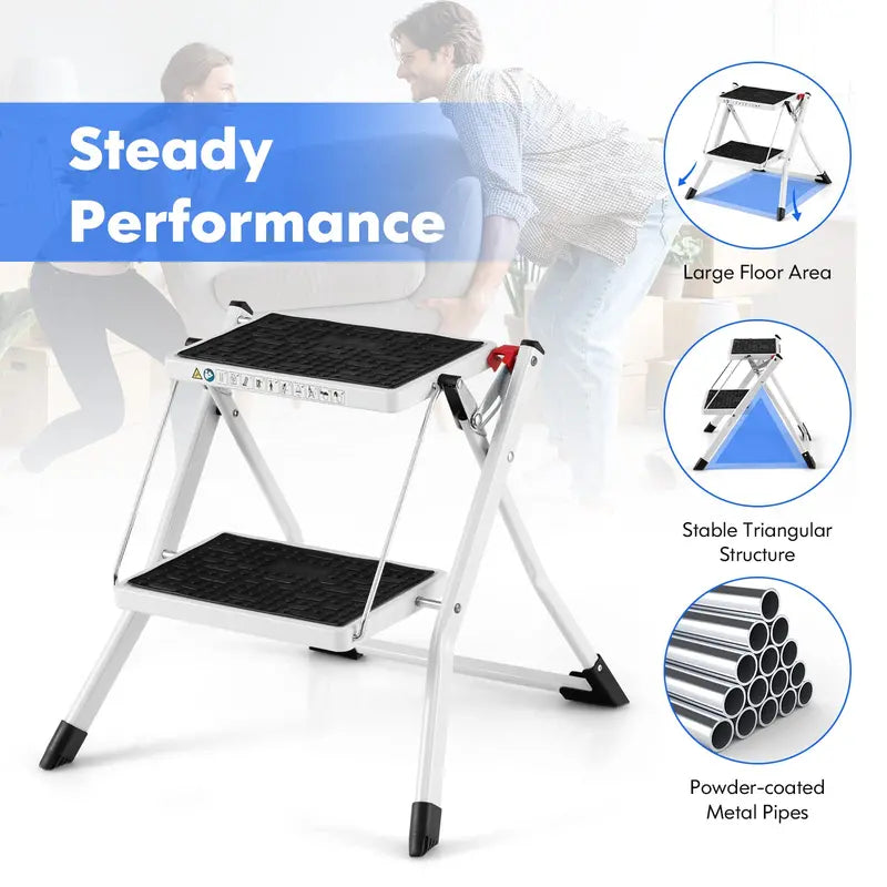 Compact Two-Step Folding Stool, Lightweight Portable Step Ladder with Non-Slip Footpads