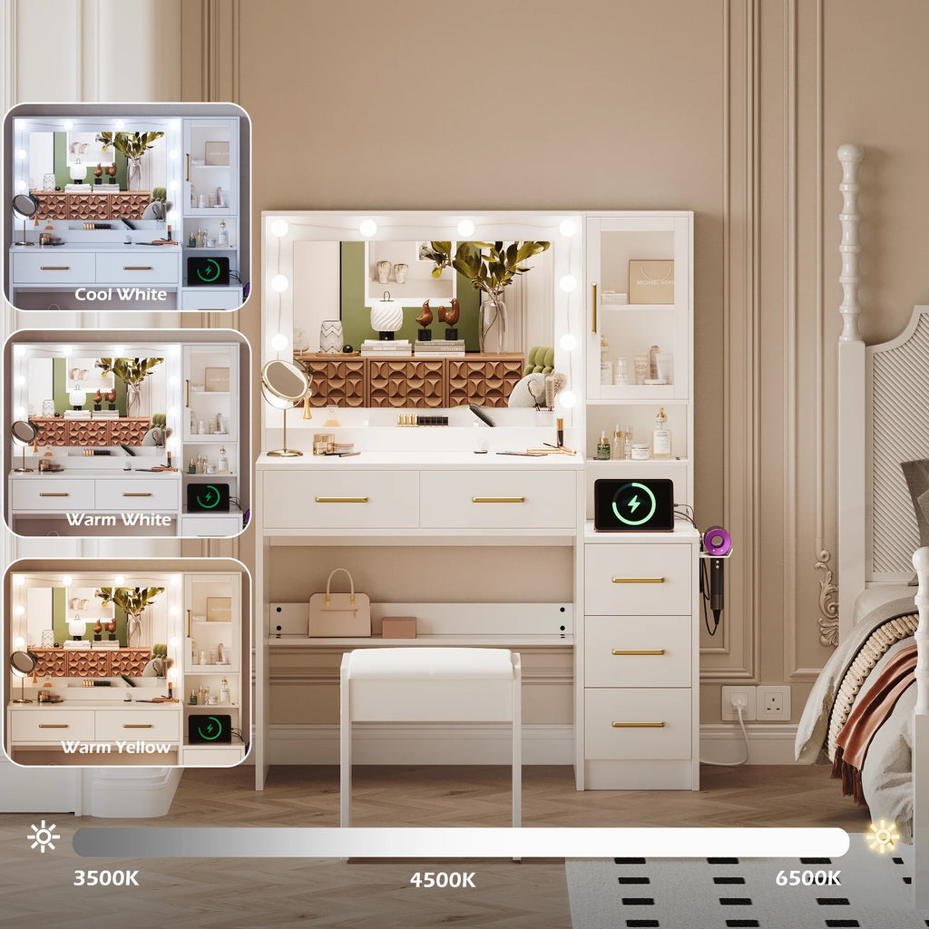 UGTOO 58.3" White Vanity Desk with Mirror, Adjustable Lighting, Power Outlet, Drawers, with Stool