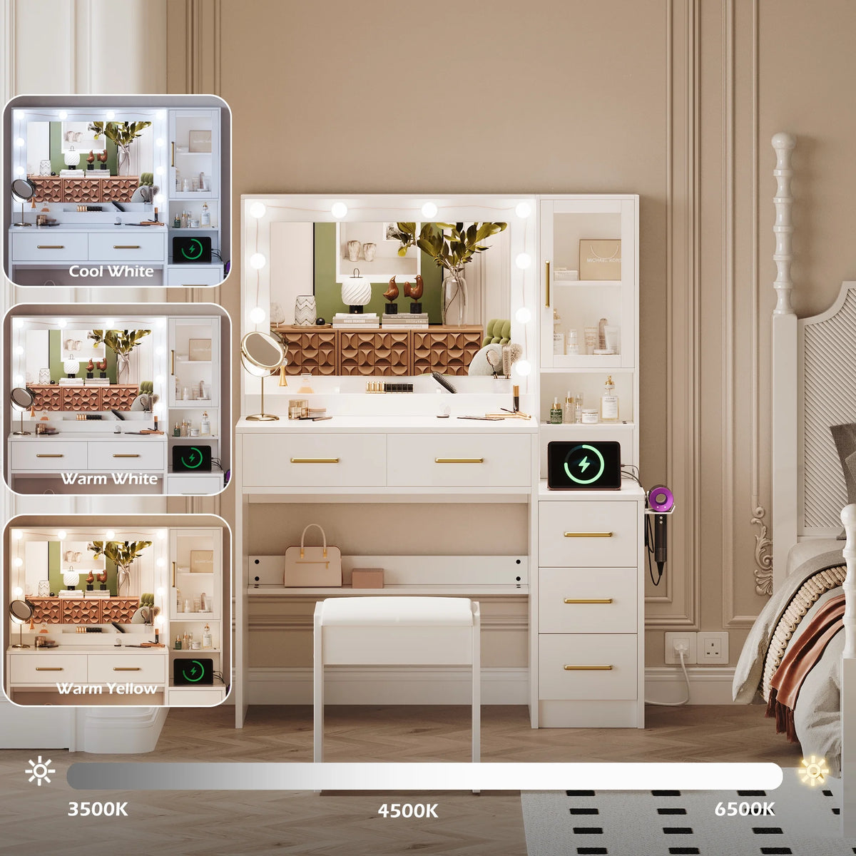 UGTOO 58.3" White Vanity Desk with Mirror, Adjustable Lighting, Power Outlet, Drawers, with Stool