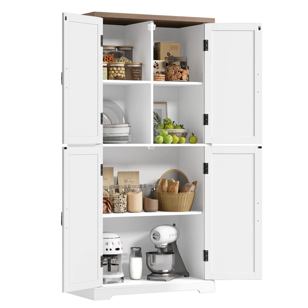 HOSTACK 64" Pantry Cabinet, Tall Kitchen Pantry Storage Cabinet, Modern Farmhouse Bathroom Storage Cabinet, Large Bookcase, 4 Doors|Adjustable Shelves, for Dining Room, Living Room, Home Office, White