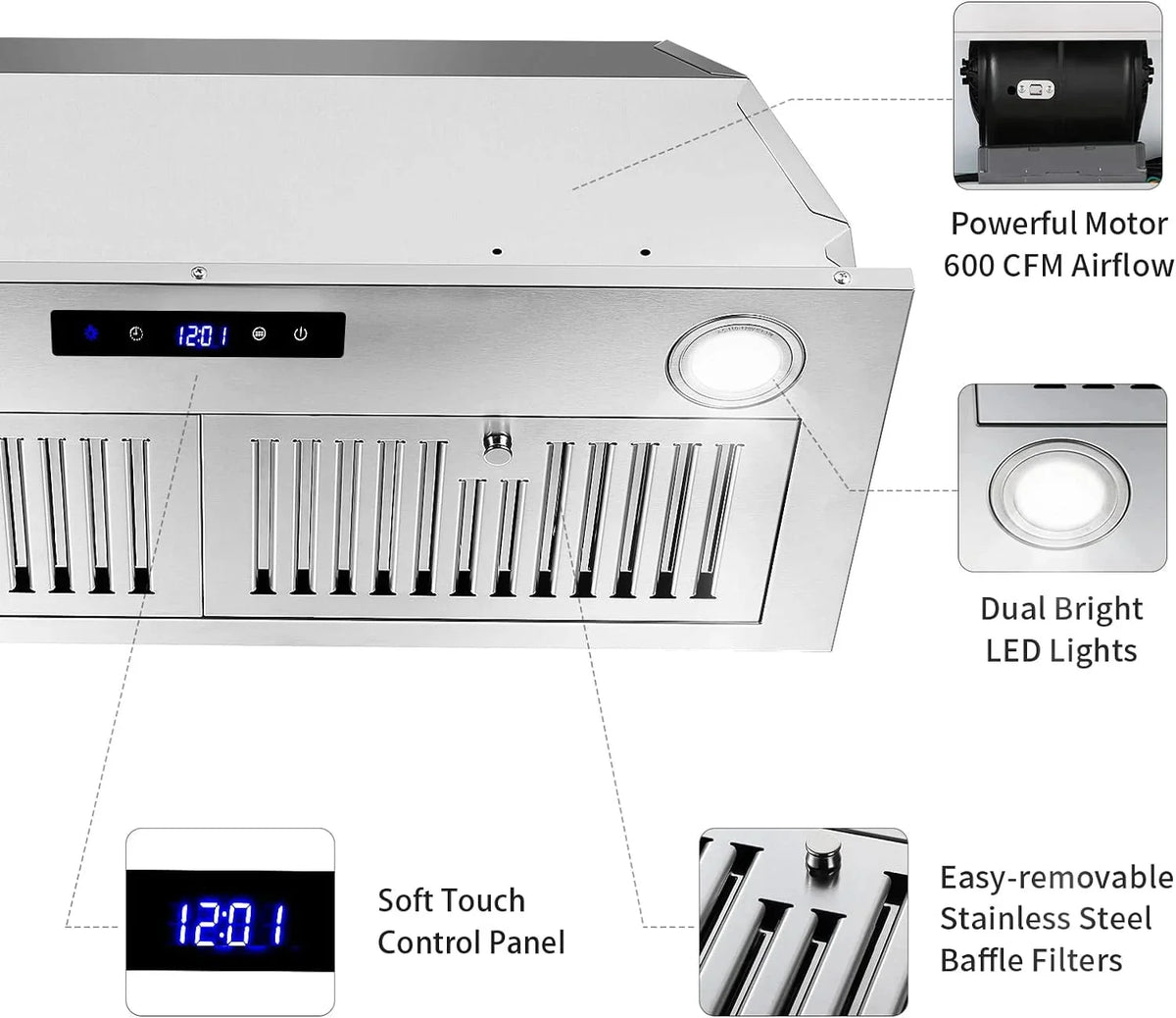 Zomagas 30 inch 600CFM Range Hood Insert Stainless Steel Kitchen Vent Hood Touch Control with LED Lights,Baffle Filters