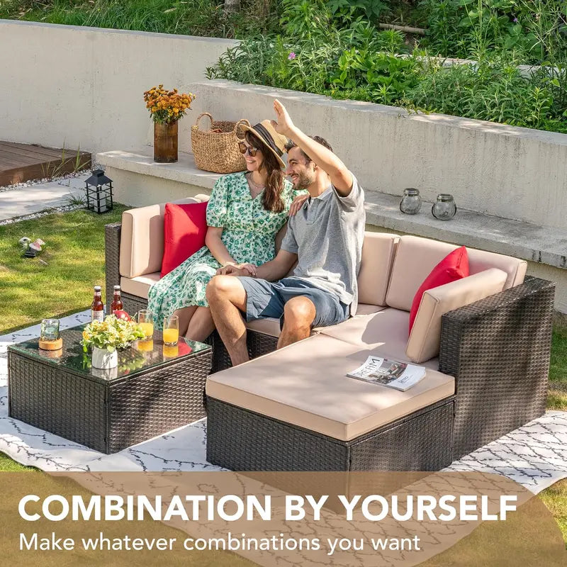 Devoko 5-Piece All-Weather Patio Sectional Set  Beige Wicker Rattan Sofa with Cushions and Tempered Glass Table