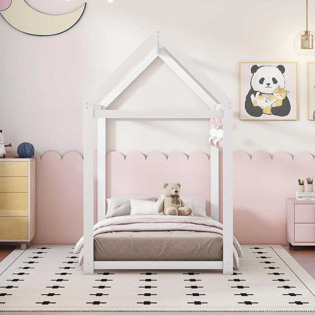 Twin House Floor Bed for Kids. Wooden Twin Montessori Bed Frame