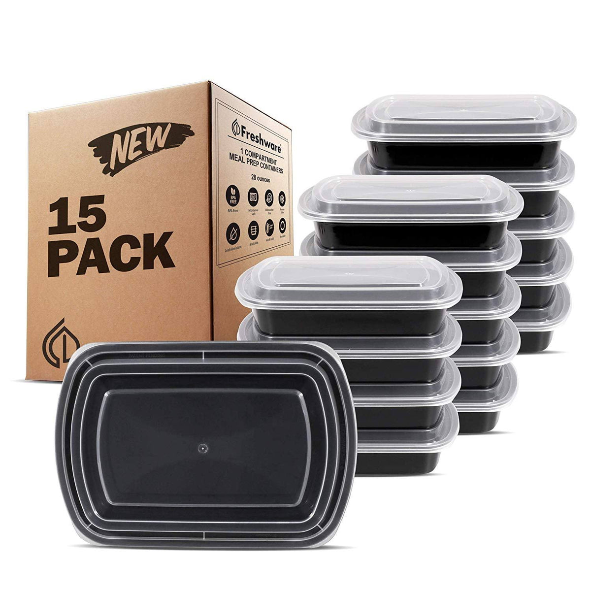 Freshware Meal Prep Containers 15 Pack 1 Compartment Food Storage Containers with Lids, Bento Box | BPA Free | Stackable |