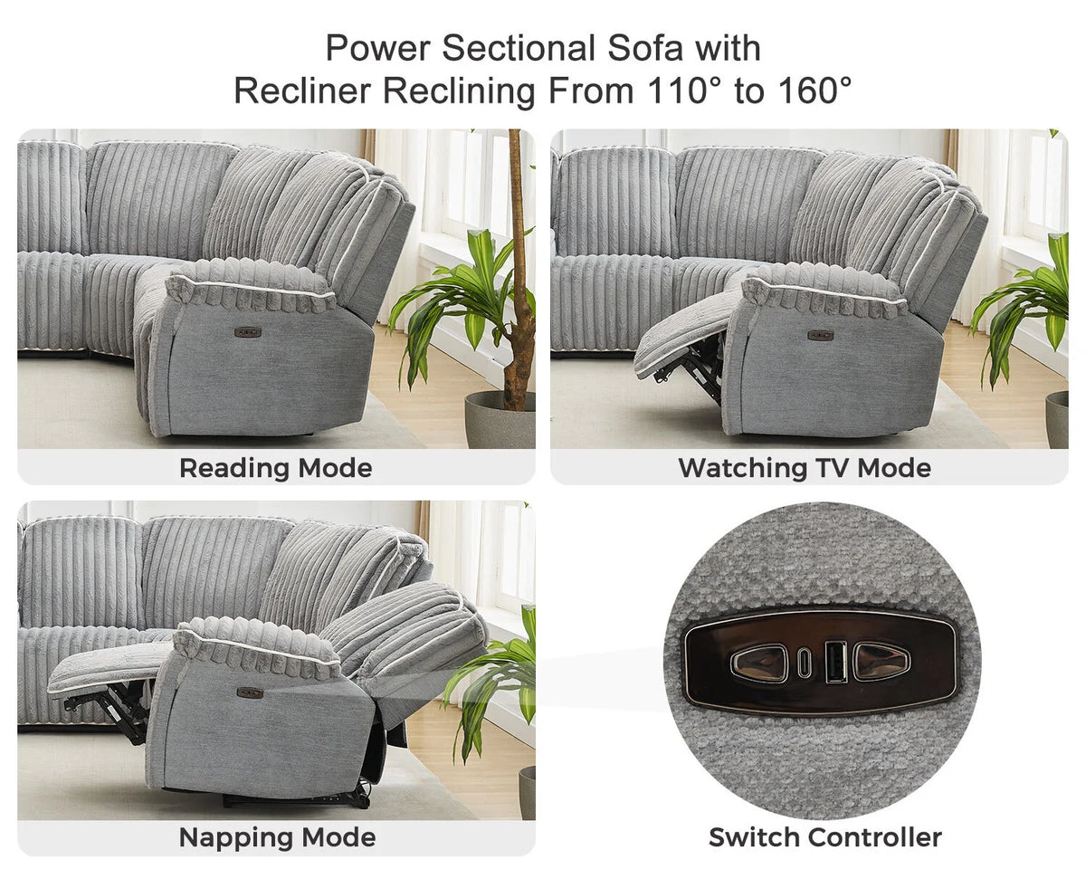 Power Reclining Sectional Sofa with Wireless Charger, 6 - Seater Faux Fur Sectional with Recliners, Hidden Cup Holders, Storage Console, USB & Type - C Ports, Black