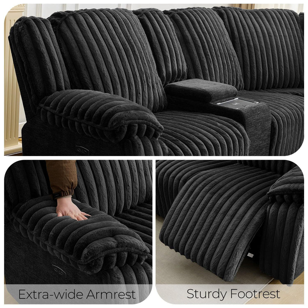 Power Reclining Sectional Sofa with Wireless Charger, 6 - Seater Faux Fur Sectional with Recliners, Hidden Cup Holders, Storage Console, USB & Type - C Ports, Black
