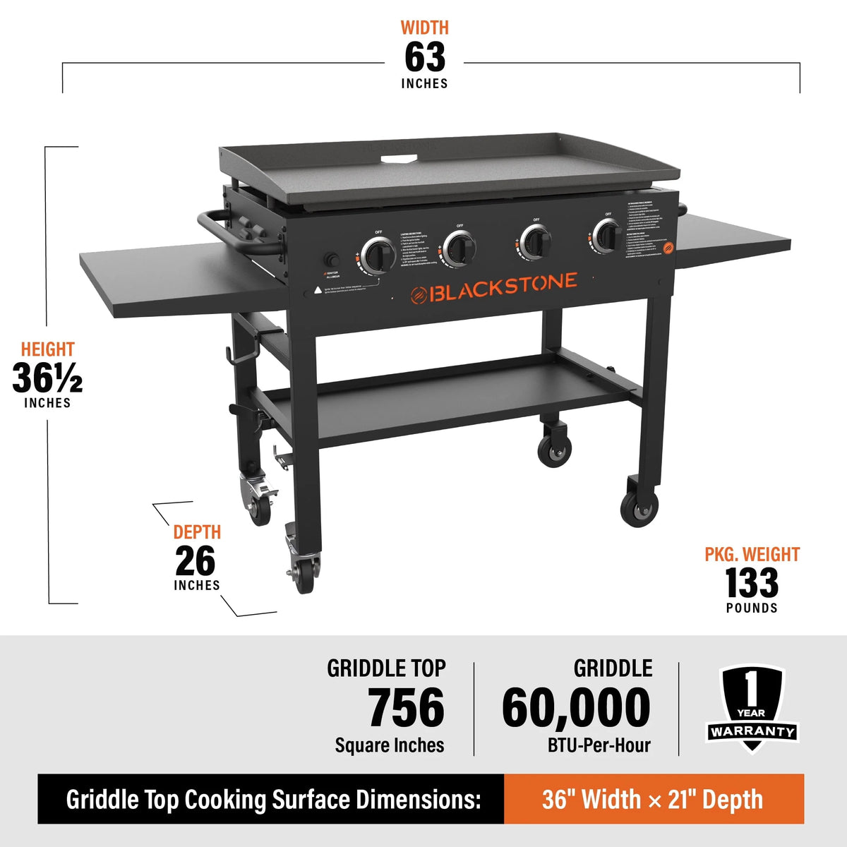 4 - Burner 36" Griddle Cooking Station with Side Shelves