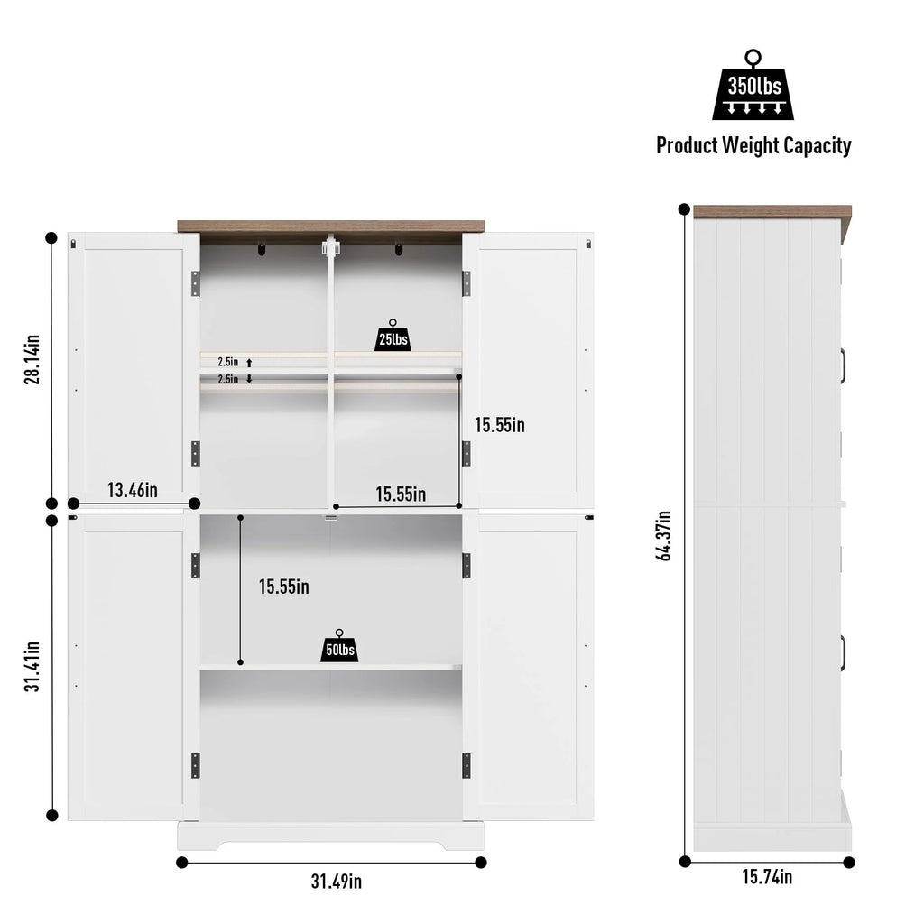 HOSTACK 64" Pantry Cabinet, Tall Kitchen Pantry Storage Cabinet, Modern Farmhouse Bathroom Storage Cabinet, Large Bookcase, 4 Doors|Adjustable Shelves, for Dining Room, Living Room, Home Office, White