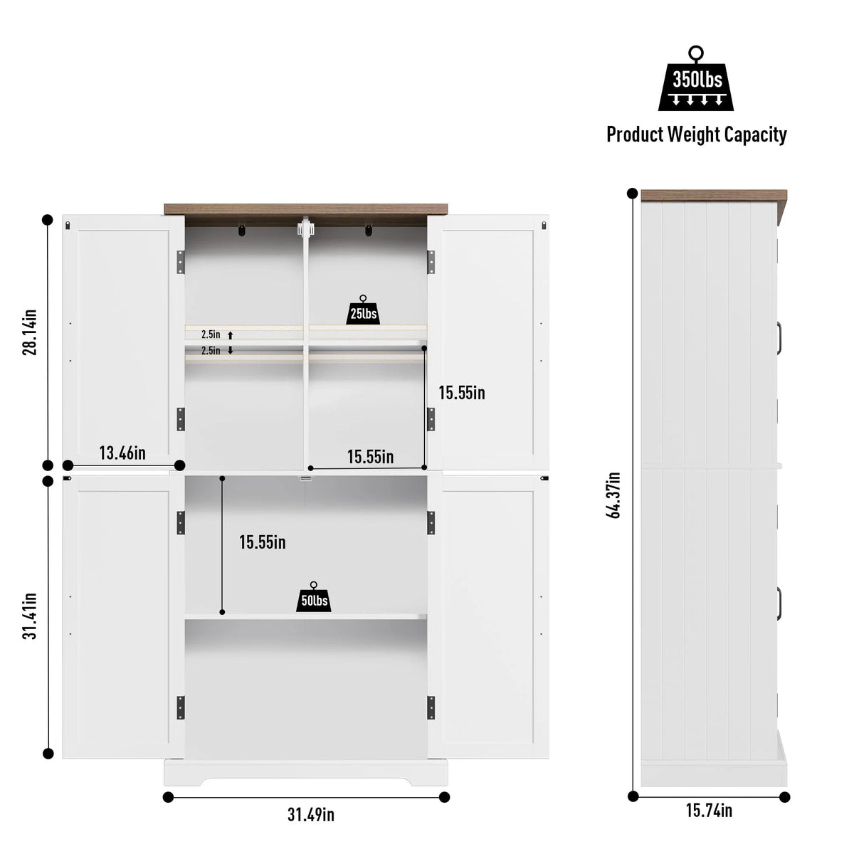 HOSTACK 64" Pantry Cabinet, Tall Kitchen Pantry Storage Cabinet, Modern Farmhouse Bathroom Storage Cabinet, Large Bookcase, 4 Doors|Adjustable Shelves, for Dining Room, Living Room, Home Office, White