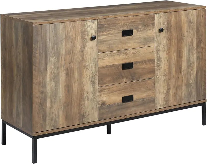 Distressed Brown Industrial Sideboard Cabinet with Two Cupboards, Three Drawers, and Adjustable Shelving鈥擱obust Storage for Kitchens and Entryways