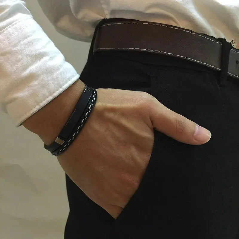 Textured Sew-Line Genuine Leather Bracelet