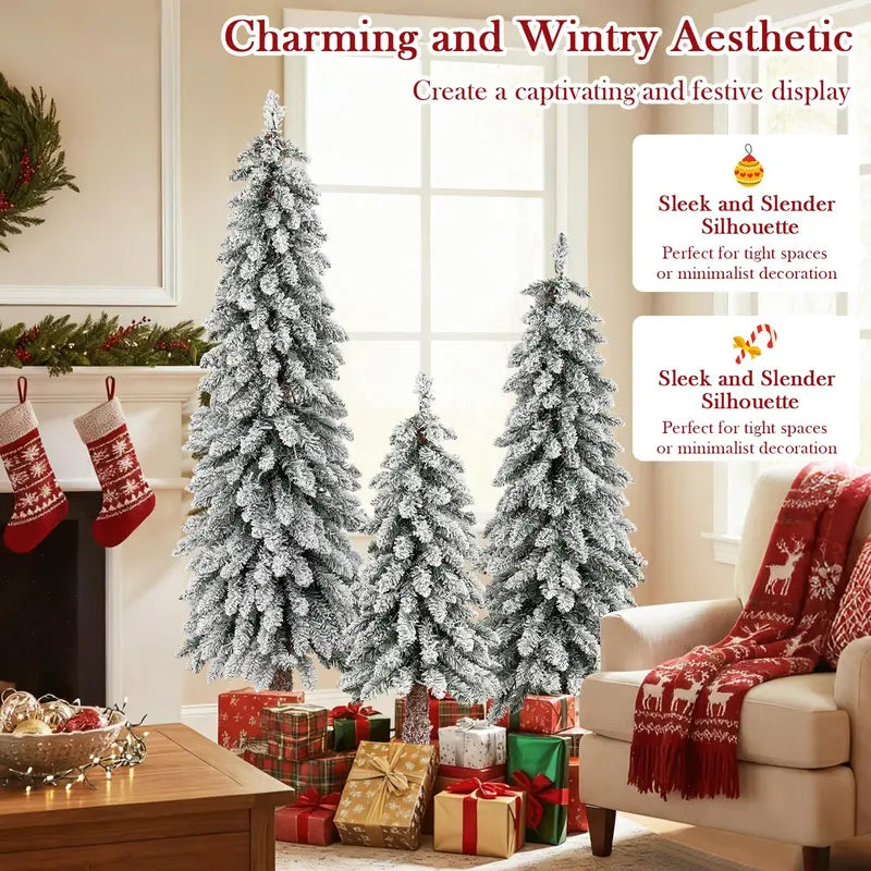 Three-Piece Snow-Flocked Christmas Tree Set – 3', 4', and 5' Trees with 300 Multicolor LEDs