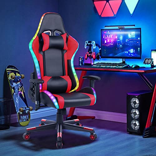Gaming Chair with Speakers, Video Game Chair with RGB LED Lights, Footrest, Ergonomic Racing Computer Gaming Recliner Chair Swivel E-Sports Chair with Lumbar Support Headrest Armrest, Black