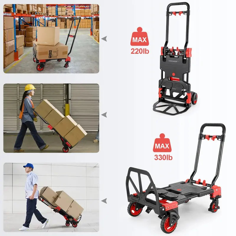 COOCHEER Heavy-Duty Folding Hand Truck  330 lb Load Capacity with Pneumatic Tires and Ergo Handle