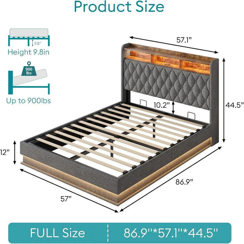 Upholstered Lift-Up Queen Platform Bed – Storage-Friendly Headboard Design, No Box Spring Needed