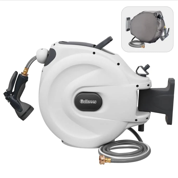 Guitrees Retractable Garden Hose Reel 1/2u201d 115FT+6FT With Cover, Slow Return System, Any Length Lock, Wall Mounted, 9 Function Nozzle and 180u00b0Swivel Bracket (Grey)
