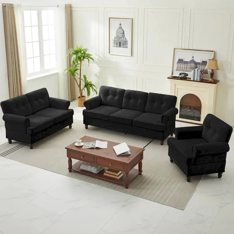 Three-Piece Chenille Living Room Sofa Set – Button-Tufted Design with Nailhead Trim and Rubberwood Legs