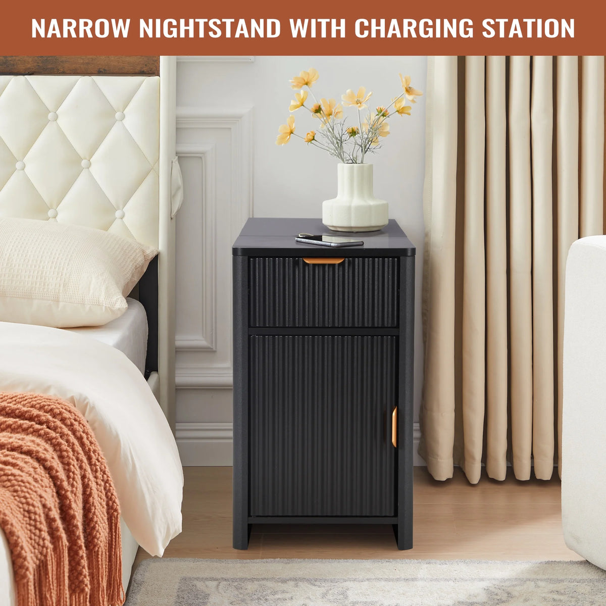 YOCWO Fluted Nightstand for Bedroom Set of 2, Wood Bedside Table Set of 2 with Drawers, Black