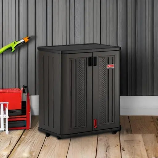 Suncast Heavy-Duty 9 cu. ft Resin Storage Cabinet – Lockable, Reinforced Shelves, USA-Made Garage or Workshop Organizer in Black