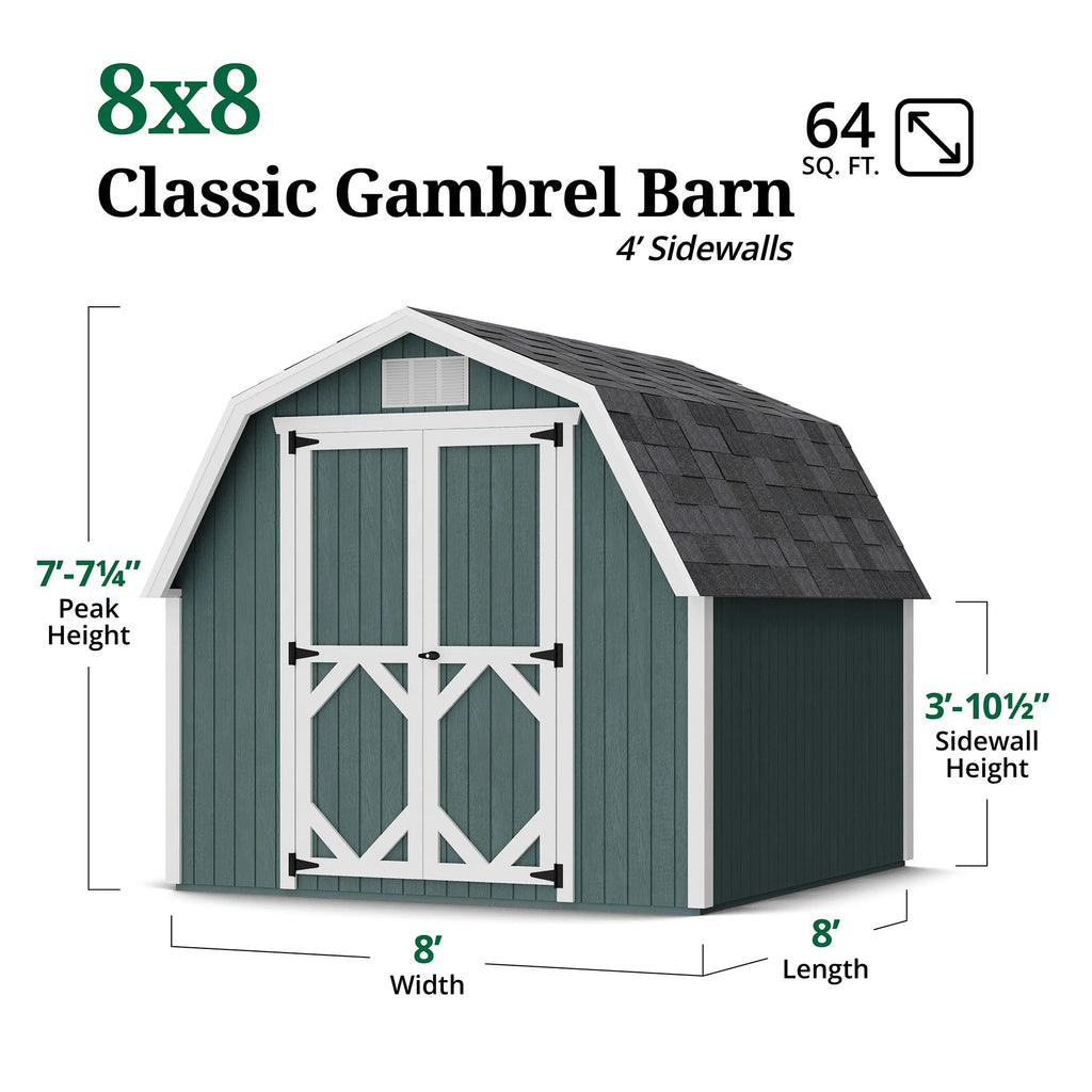 Little Cottage Co. 8x8 Classic Gambrel Barn with 4 Ft. Sidewalls, Outdoor Wood Storage Shed Do - It - Yourself Precut Kit