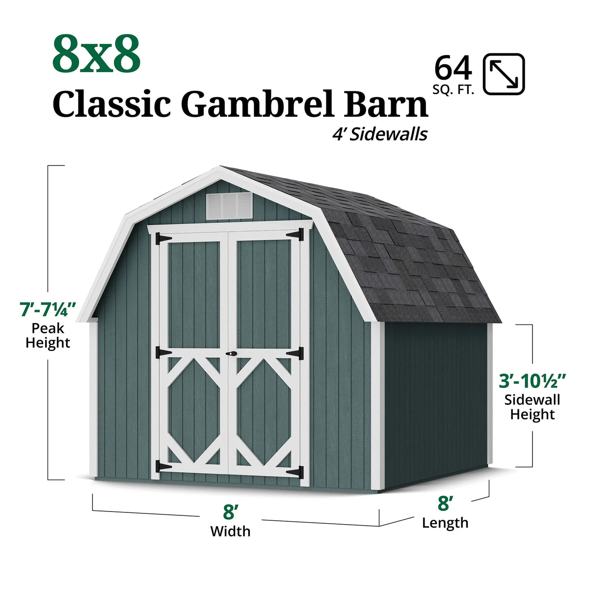 Little Cottage Co. 8x8 Classic Gambrel Barn with 4 Ft. Sidewalls, Outdoor Wood Storage Shed Do - It - Yourself Precut Kit