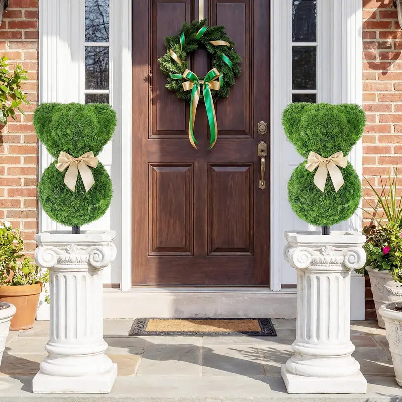 Sun-Resistant Teddy Bear Topiary Pair — 16.5-Inch UV-Protected Faux Boxwood Plants