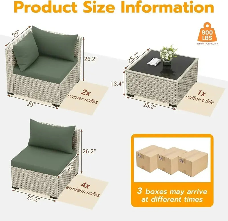 UDPATIO 7-Piece PE Wicker Sectional — Modular Outdoor Conversation Set with Lounge & Corner Configurations