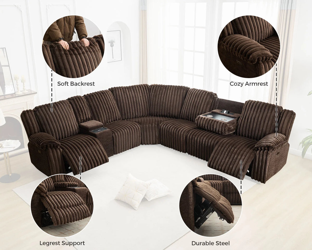 Power Reclining Sectional Sofa with Wireless Charger, 6 - Seater Faux Fur Sectional with Recliners, Hidden Cup Holders, Storage Console, USB & Type - C Ports, Black