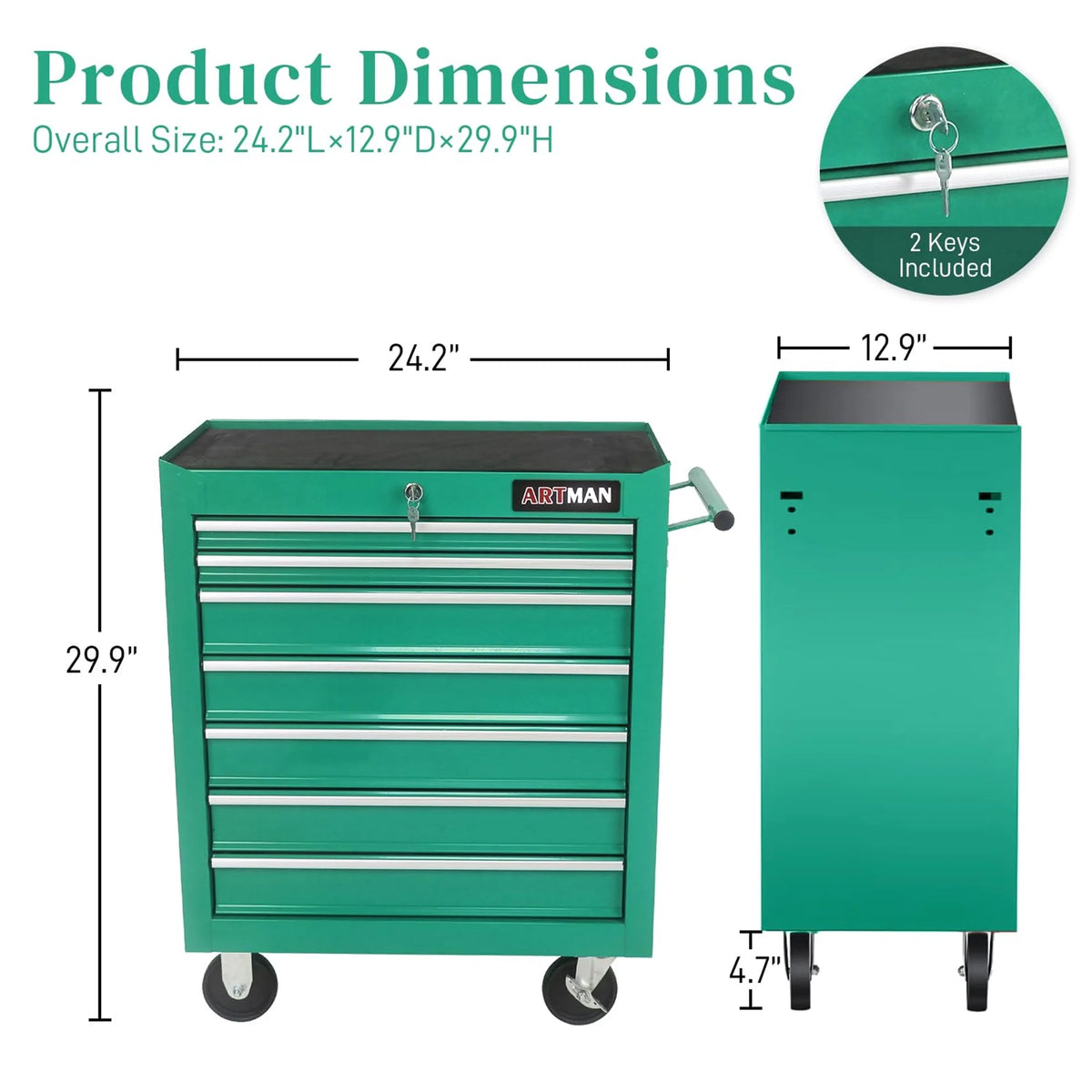 Aukfa Tool Chest, 24.5 in 7 - Drawer Steel Rolling Tool Box on Wheels for Workshop Garage, Red