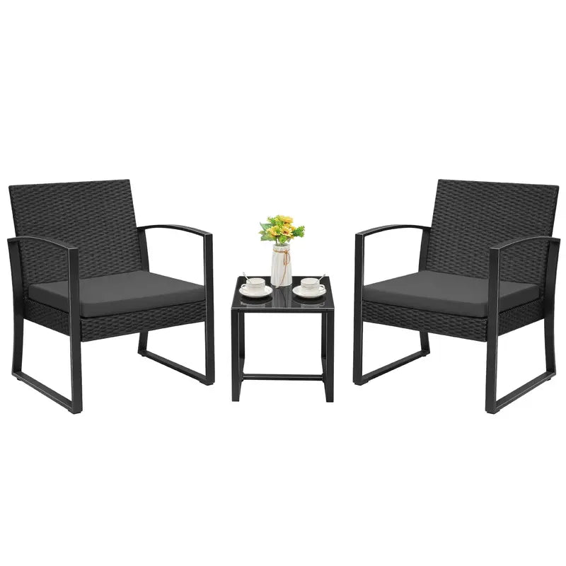 Devoko 3 Pieces Outdoor Plastic Bistro Set Patio Conversation Set with Cushion and Table, Black