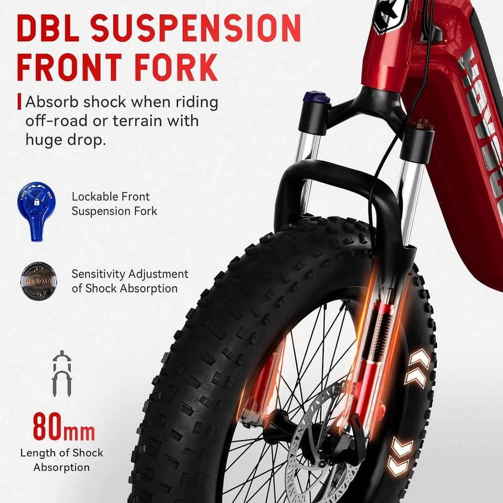 HOVSCO Folding Electric Bike, 750W Step-Thru 20 inch Fat Tire Ebike, 28 MPH, 48V 15Ah Removable Battery, Dual Hydraulic Suspension & Brake, Red