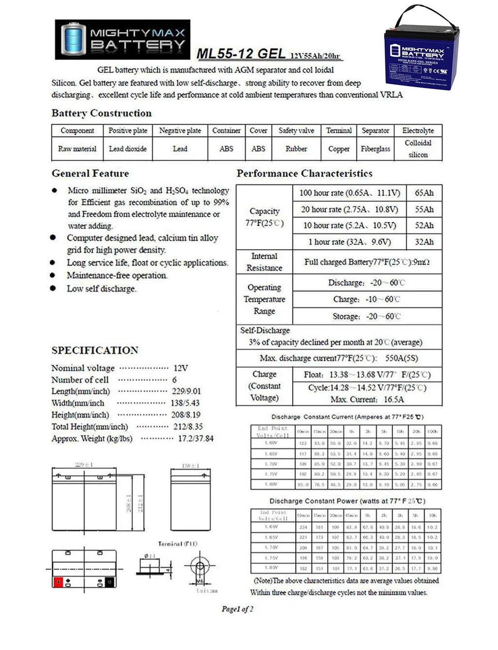 ML35 - 12 GEL - 12 Volt 35 AH, GEL Type, Internal Thread (INT) Terminal, Rechargeable AGM Battery