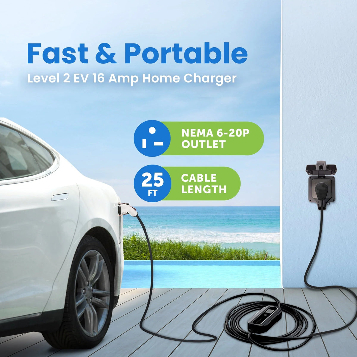 EV+ 16A EV Charging Station, Portable Electric Vehicle Charger, Level 2 EV Home Charging Station, 25-ft Cord SAE J1772 EV Charging Cable with NEMA 6-20, Travel Case, EVSE Level 2 Charging Station