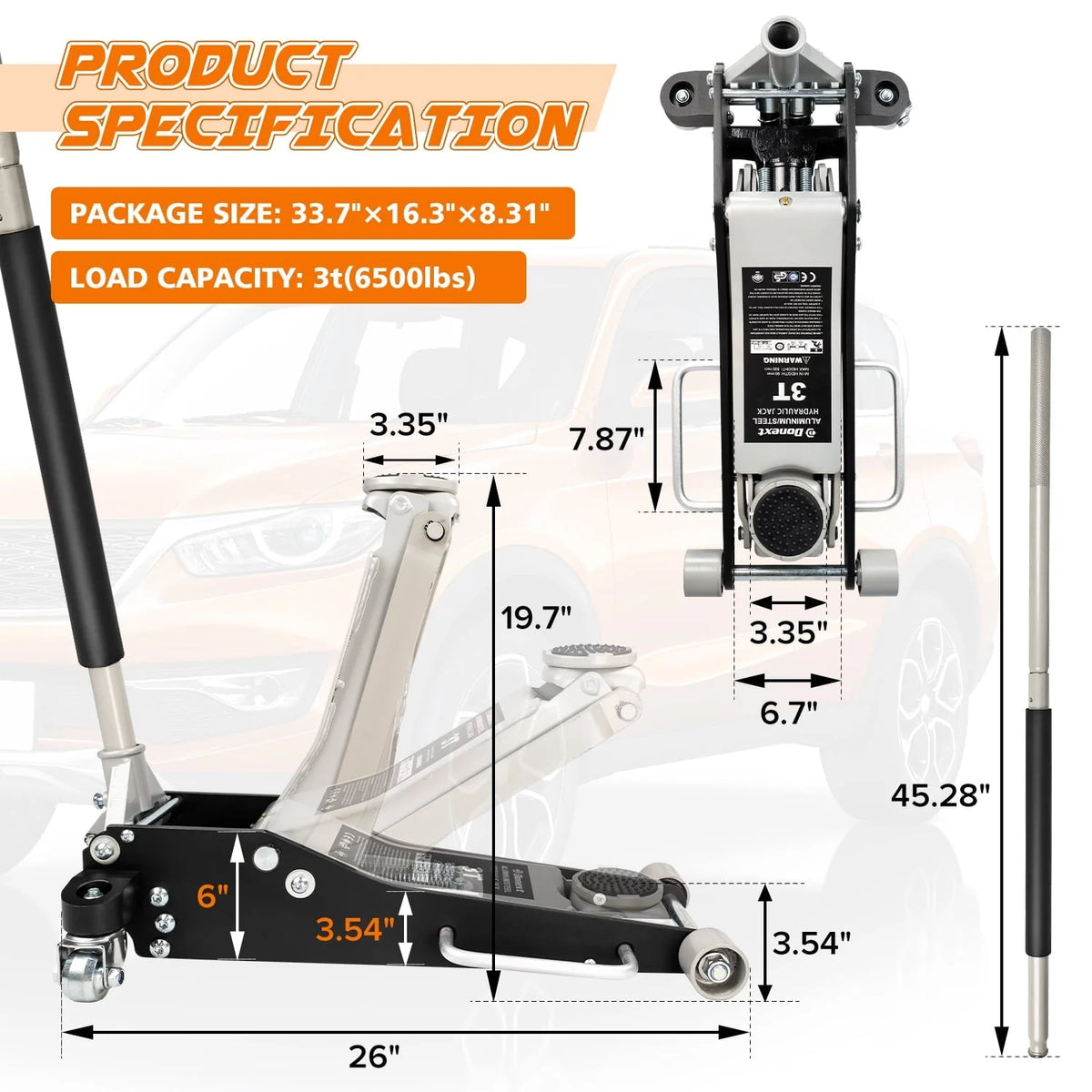 Donext 3 Ton Low Profile Racing Floor Jack - Aluminum and Steel Construction, Dual Pistons Quick Lift Pump, Lifting Range 3.54"-19.69"