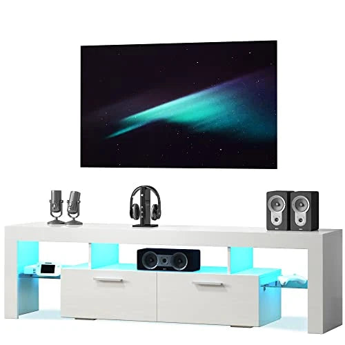 Entrintou Modern LED TV Stand for 32/40/50/55 inch TV, High Glossy Entertainment Center with LED Lights, Gaming Television Stands with Large Storage, Black Wood TV Console for Living Room, Bedroom