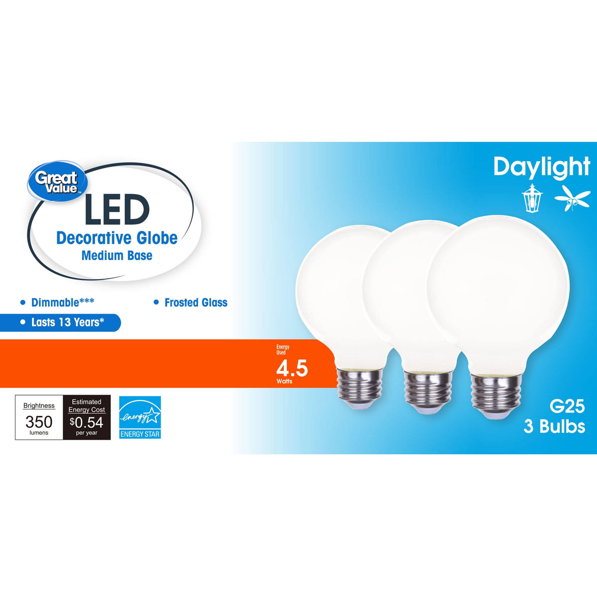 Great Value LED Bulb, 4.5-Watt (40w Equivalent) G25 Deco Bulbs E26 Base, Daylight, 3-Pack, CA