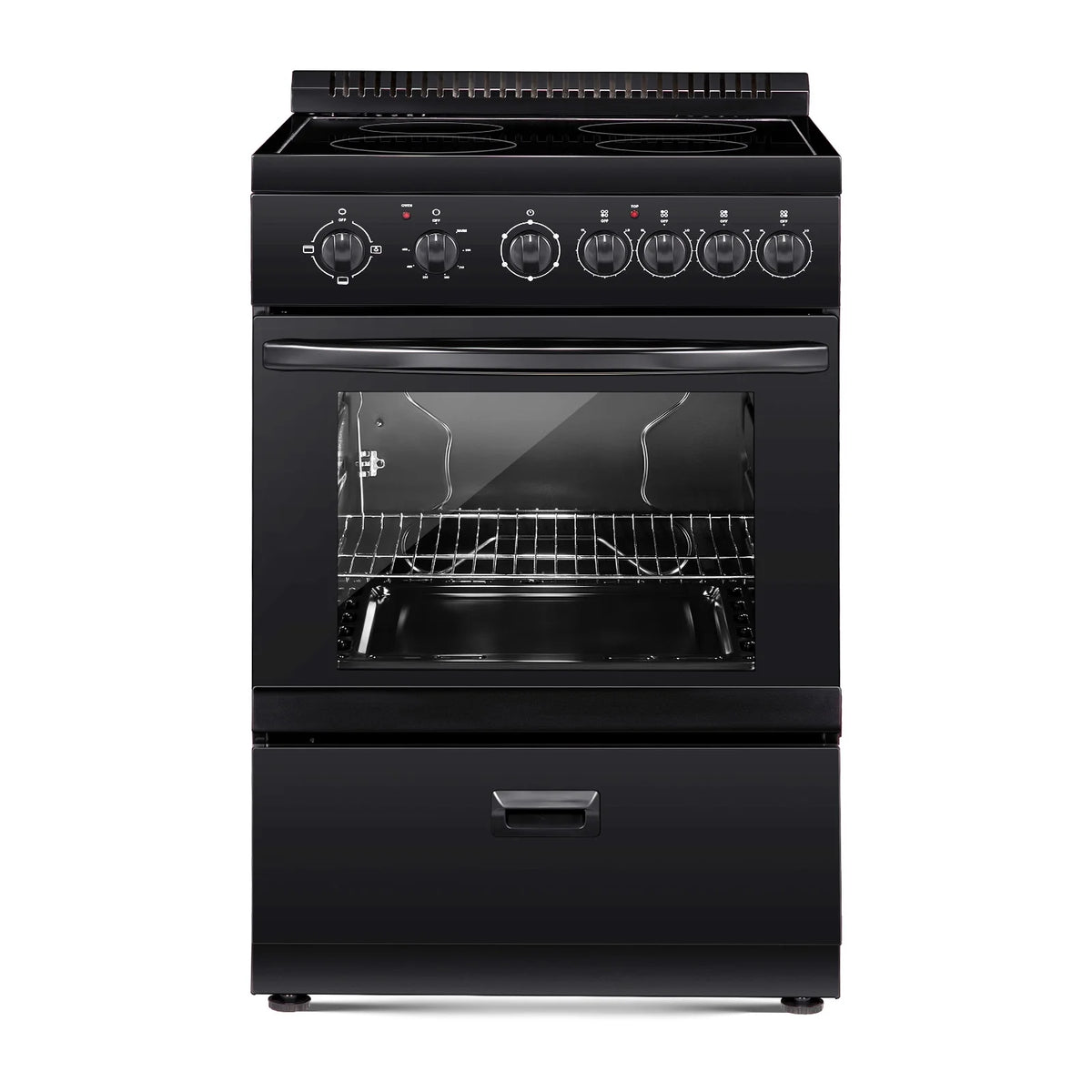 KFFKFF 24 - Inch Electric Range Oven, 2.7 Cu. Ft. Compact Freestanding Design, Stainless Steel Finish, Features 4 Burners, Adjustable Racks, Storage Drawer, Drip Pan, and Indicator Light, Black