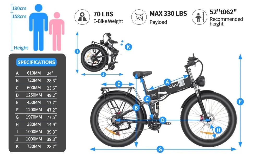 Eletric Bike for Adults, 750W Motor 48V 20Ah Removable Battery 26'' Fat Tire Folding E-Bike Shimano 21-Speed MTB Cycling UL2849