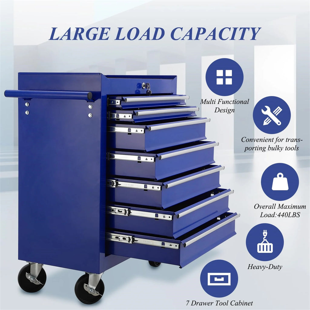 Aukfa Tool Chest, 24.5 in 7 - Drawer Steel Rolling Tool Box on Wheels for Workshop Garage, Red